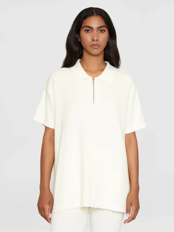 2020004-1387-2 KnowledgeCotton Apparel Zip Polo (Cremehvid) – Dame | Strik