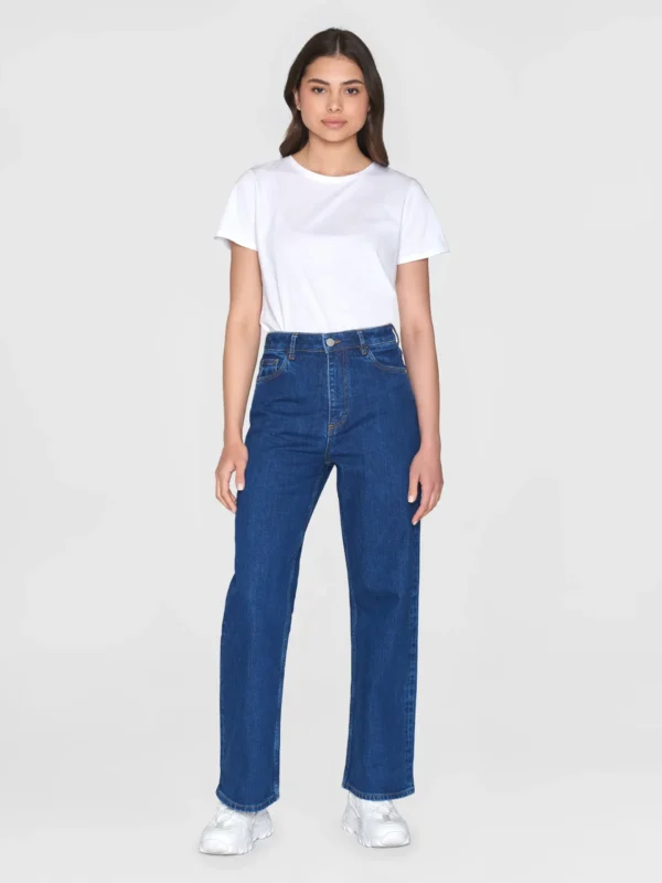 2170021-3043-4 KnowledgeCotton Apparel Gale Straight Mid Rise Blue 5 Pocket Jeans – Dame | Bukser