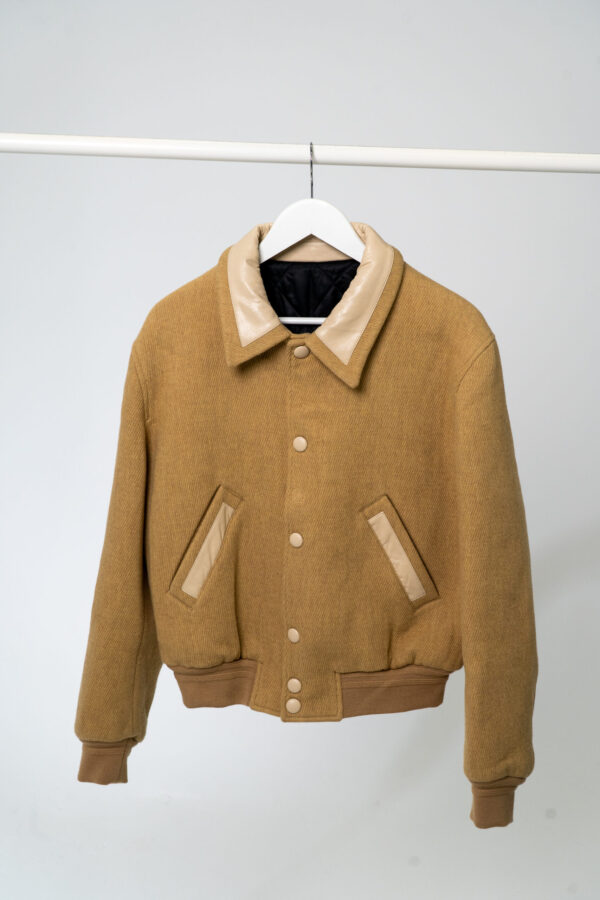 RECTO Butler Faux Leather Contrast Collar Wool Jacket - Unisex